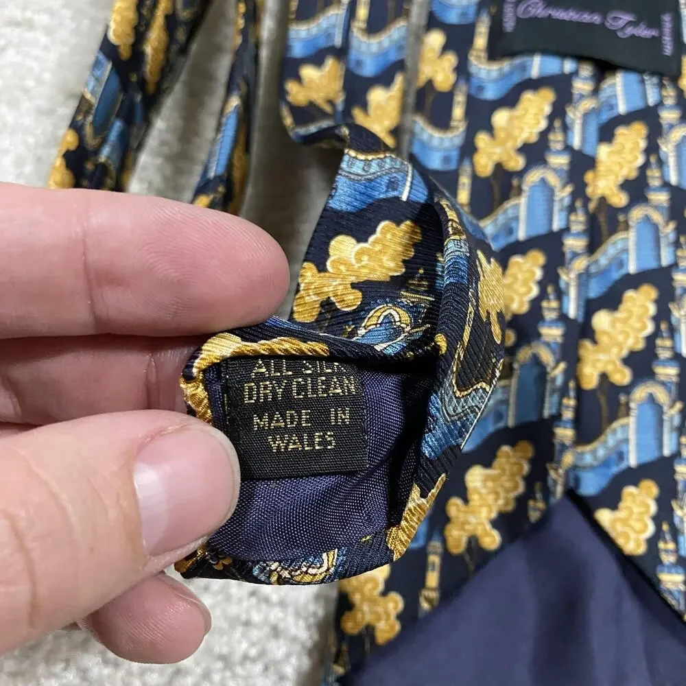 Christian Tyler Silk Tie Mens Blue Geometric Cityscape Jacquard Necktie London